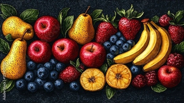 Fototapeta A vibrant arrangement of assorted fruits including apples, pears, strawberries, and bananas on a dark background