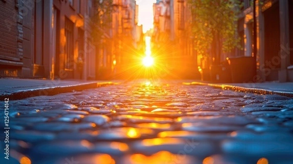 Obraz Sunset illuminating a cobblestone street in a serene urban setting with warm reflections