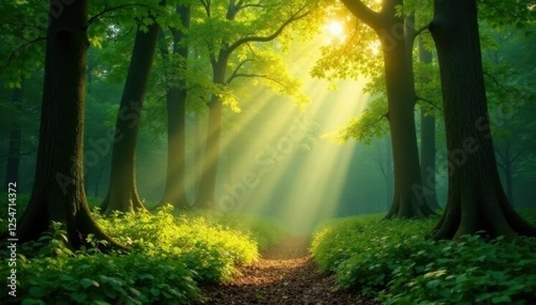 Fototapeta Golden sunlight streams through emerald canopy, dappling forest floor , mystical, sunlight