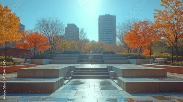 Obraz Vibrant autumn park scene with colorful foliage, modern architecture, and serene atmosphere