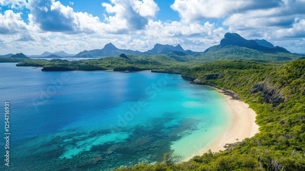 Fototapeta Aerial panorama of a tranquil tropical beach with blue waters