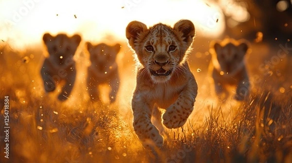 Fototapeta Playful lion cubs running joyfully through golden grass at sunset, capturing a vibrant wildlife moment