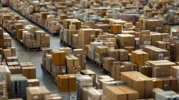 Fototapeta Large warehouse filled with stacked cardboard boxes on pallets, showcasing organized logistics and storage efficiency
