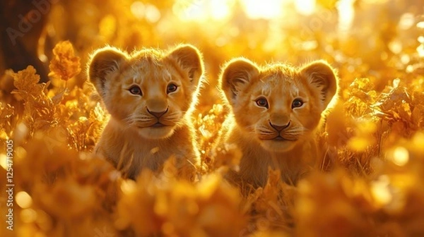 Fototapeta Two playful lion cubs sitting in a vibrant golden flower field during sunset, exuding joy