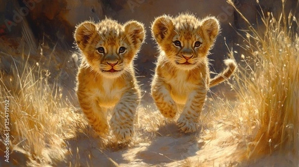 Fototapeta Two playful lion cubs running through golden grasslands under a warm sunset glow