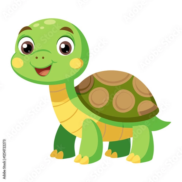 Fototapeta A cheerful turtle with a bright green shell smiles joyfully while standing on its legs. The whimsical character radiates happiness in a lively setting filled with colorful plants