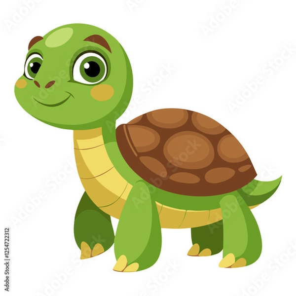 Fototapeta A cute turtle with a smiling face and a textured shell stands happily on a bright background. This cheerful reptile radiates joy while showcasing its friendly personality
