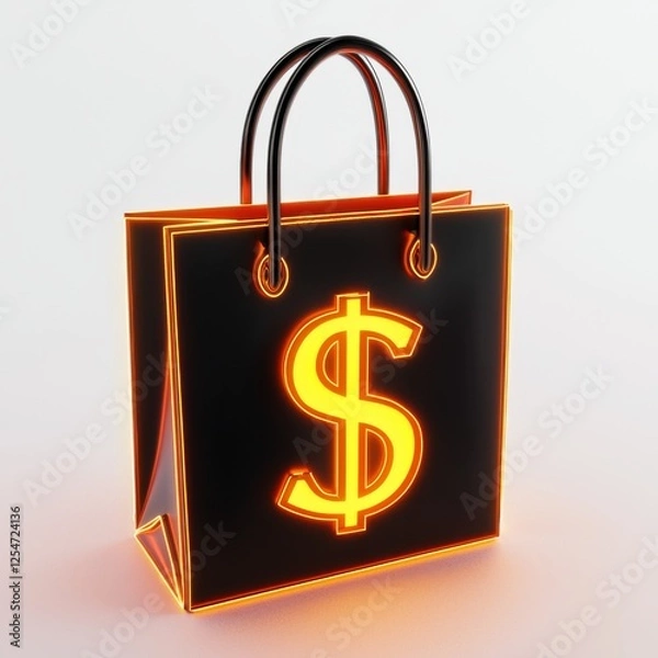 Obraz Black shopping bag with glowing dollar sign for shopping, finance, or advertising concept