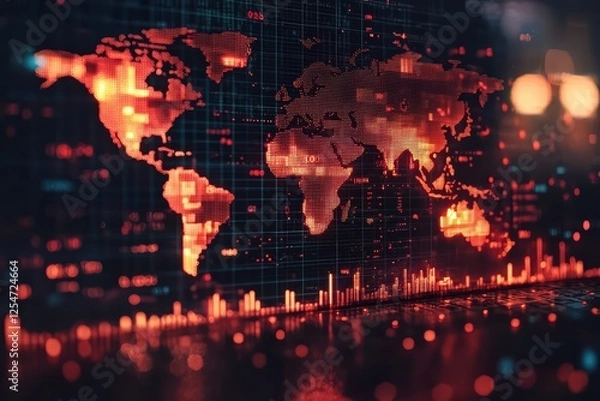 Fototapeta Illuminated currency-infused world map digital finance global economy abstract design aesthetic viewpoint