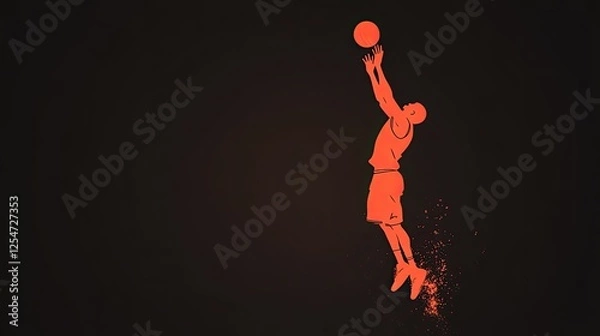 Obraz Dynamic silhouette of a basketball player jumping to shoot against a dark background with sparks
