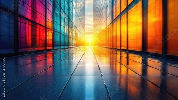 Obraz Vibrant sunset reflecting on modern glass buildings in a cityscape with colorful hues