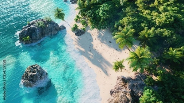 Fototapeta Remote island with pristine beaches and tropical vegetation