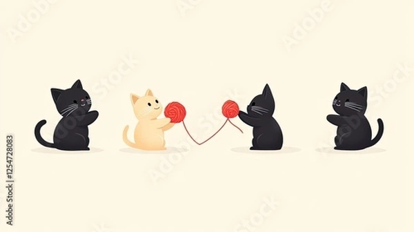 Fototapeta Playful kittens engaging with a red yarn ball, creating a joyful scene in a minimalistic setting
