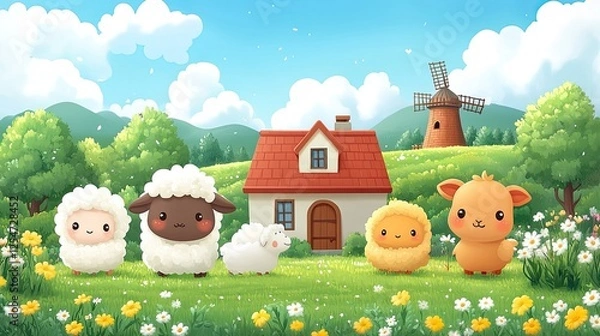 Obraz Cute cartoon farm scene with fluffy sheep and a friendly goat in a vibrant meadow