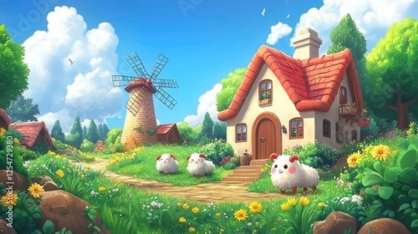 Obraz Whimsical countryside scene featuring fluffy sheep near a charming house and windmill under a bright sky