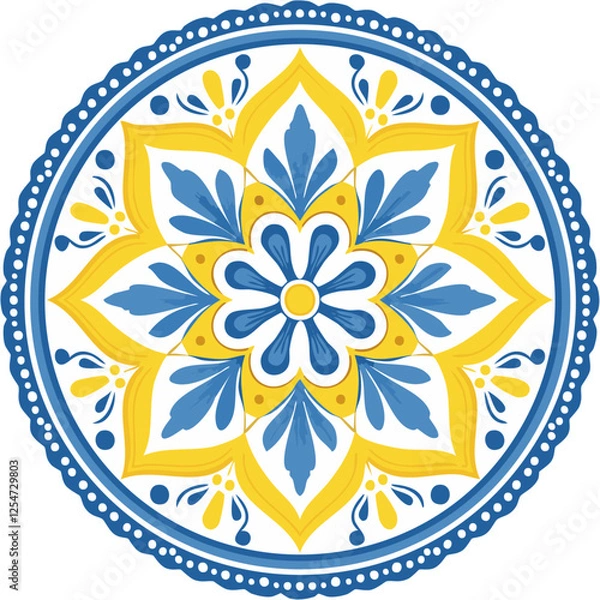 Obraz Traditional Azulejo ceramic tiles. Vector Italian print for fabric and wallpaper. Sicilian majolica in blue and yellow colors. Mediterranean style ornament.