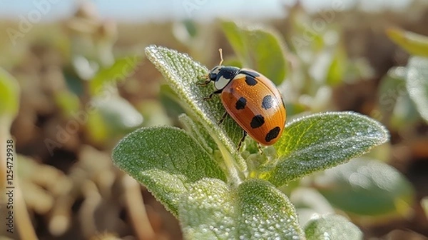 Fototapeta Close-up of a ladybug perched on a green leaf in a sunny field, showcasing nature's beauty
