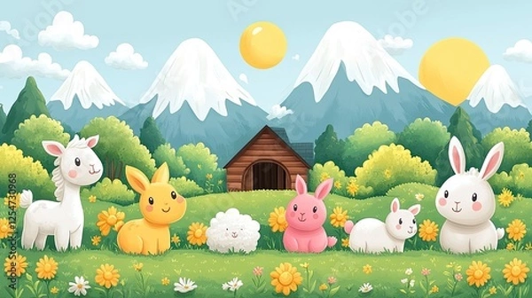 Obraz Cute cartoon animals in a vibrant meadow with mountains and a wooden barn in the background