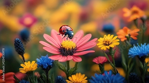 Fototapeta Colorful ladybug perched on vibrant pink flower amidst a field of assorted blossoms