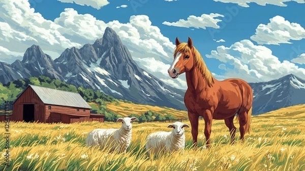 Obraz A serene pastoral scene featuring a horse and sheep in a golden field with mountains and a barn