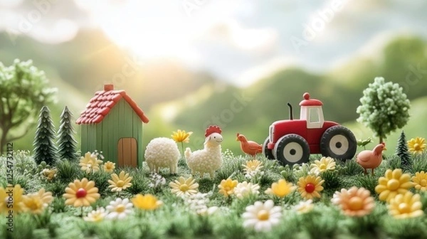 Obraz Colorful miniature farm scene with a tractor, animals, and flowers under a sunny sky
