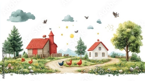 Obraz Idyllic countryside scene featuring a farmhouse, barn, and colorful chickens under a bright sky