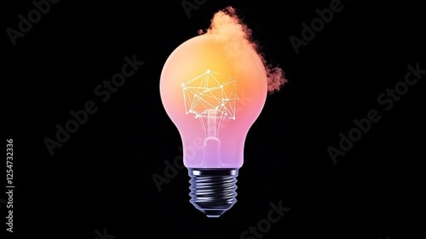 Fototapeta Colorful light bulb with abstract network design emitting smoke against a dark background