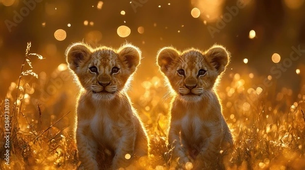 Fototapeta Two playful lion cubs standing amidst golden grass, illuminated by soft sunlight, with a blurred background