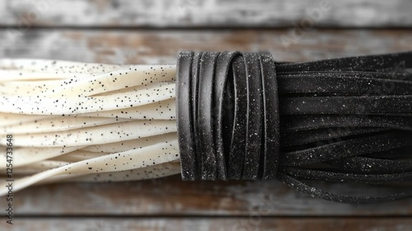 Obraz Close-up of black and white pasta bundles arranged neatly on a rustic wooden surface