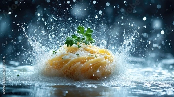 Obraz A vibrant splash of pasta with herbs in a dynamic water scene, capturing the essence of culinary art