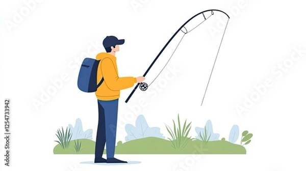 Fototapeta Young angler in a yellow jacket fishing by a serene lakeside surrounded by lush greenery