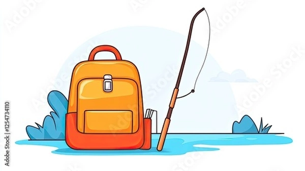 Obraz Vibrant fishing backpack and rod resting by a serene water body with lush greenery in background