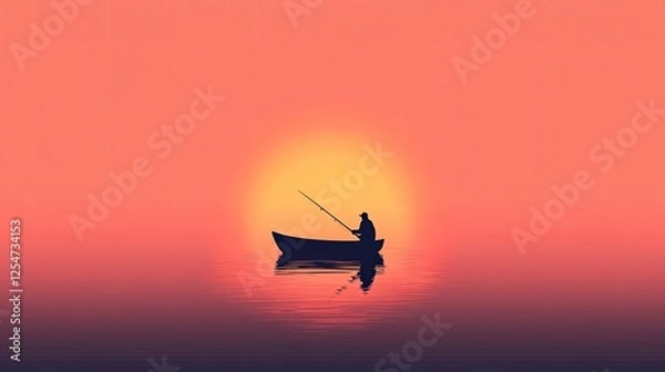 Obraz Silhouette of a Fisherman Casting a Line at Sunset Over Calm Waters with Vibrant Colors