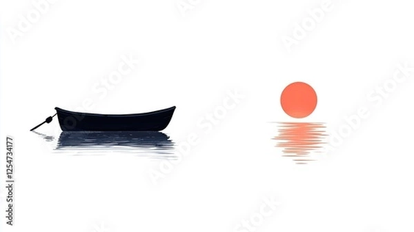 Obraz A serene scene of a solitary boat floating on calm waters with a vibrant sunset reflecting