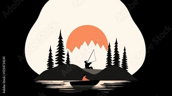 Obraz Fisherman casting line at sunset on serene lake surrounded by mountains and trees