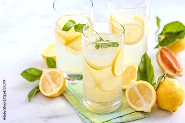 Fototapeta Three glasses of lemonade with lemon slices on a table