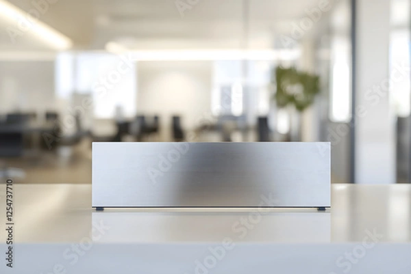 Obraz Modern minimalist reception desk with metallic nameplate in a bright office with natural light and a clean, professional design.