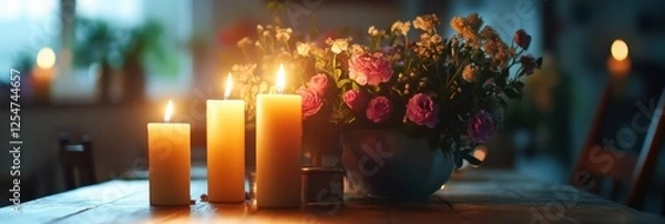 Fototapeta Festive dining table adorned with elegant tableware, glowing candles, and fresh flowers for a warm celebration atmosphere. Generative AI