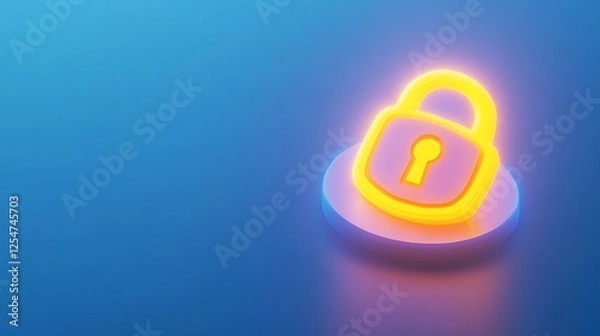 Fototapeta Bright Neon Lock Icon on a Minimalist Blue Background Representing Security and Privacy Concepts