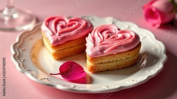 Fototapeta Two heart-shaped pastries with pink frosting on a delicate plate and a pink petal