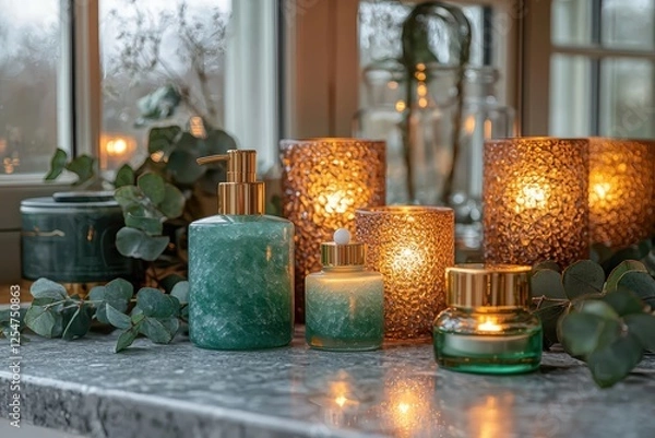 Obraz Luxurious spa setup with jade roller serum tranquil environment high fidelity imagery serene viewpoint wellness concept