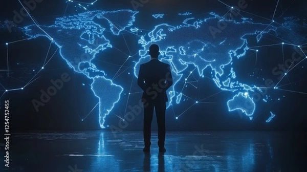 Fototapeta A man stands in front of a large blue screen that shows a map of the world