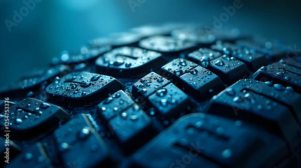 Fototapeta Wet Tire Tread Close-Up: Macro Shot of Car Tire Pattern with Water Droplets, Automotive Detail, Blue Tint, High-Quality Image for Vehicle & Transportation Content