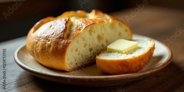 Fototapeta A freshly baked loaf of artisan bread, sliced and presented on a rustic plate, with a pat of butter melting atop a piece, showcasing its golden crust and airy crumb