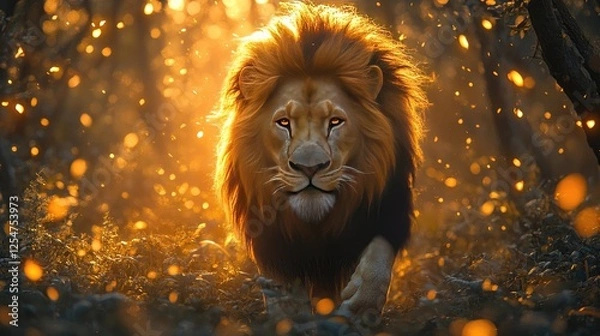 Fototapeta Majestic lion walking through a sunlit forest, surrounded by glowing particles and foliage