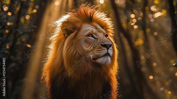 Fototapeta Majestic lion gazing into the distance amidst a sunlit forest, showcasing nature's beauty