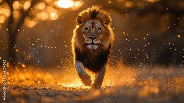 Fototapeta Majestic lion running through golden grass at sunset, capturing the essence of wildlife