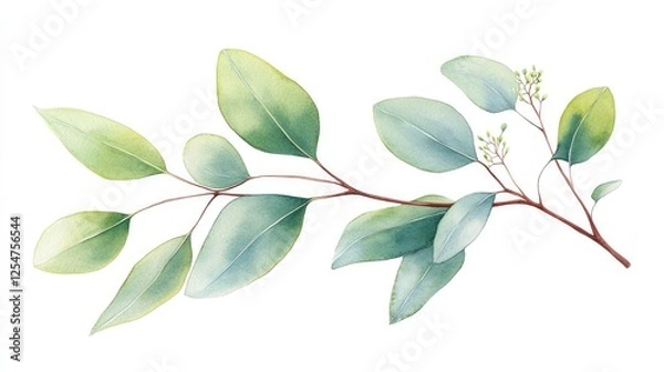 Obraz Delicate watercolor illustration of a eucalyptus branch with soft green leaves and small flowers