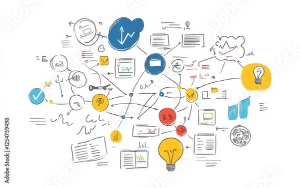 Fototapeta Brainstorming Mind Map Ideas connecting on white background, illustrating creative process for business planning