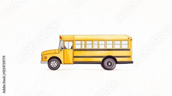 Fototapeta Illustration of a classic yellow school bus parked on a white background with no distractions